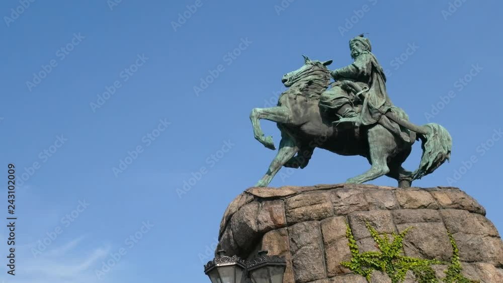 Hetman Bohdan Khmelnytsky Monument against the blue sky. Orbit panoramic shot Hetman Bohdan Khmelnytsky Monument against the blue sky. Orbit panoramic shot