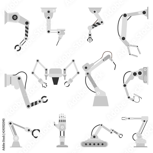 Vector industrial robotic arm for automatic manufacturing set. Conveyor factory manipulator hand for machinery assembling. Automation system robot for mechanical operations icon. Isolated illustration