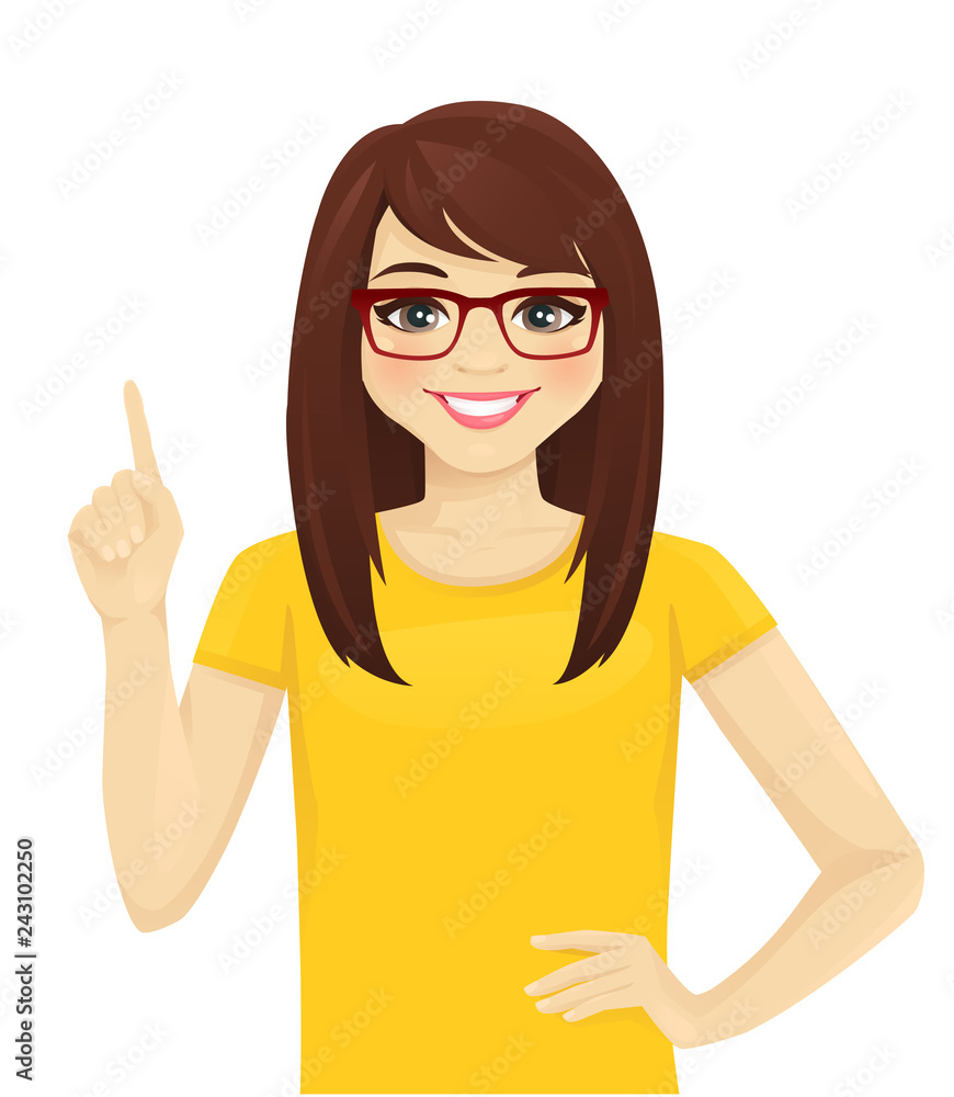 Smiling woman pointing up isolated vector illustration Smiling woman pointing up isolated vector illustration