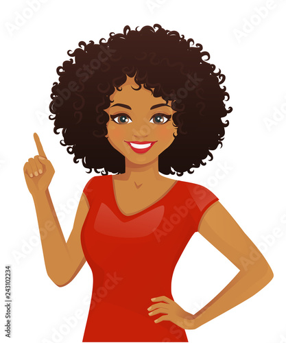 Smiling woman pointing up with afro hairstyle isolated vector illustration
