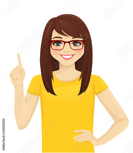 Smiling woman pointing up isolated vector illustration