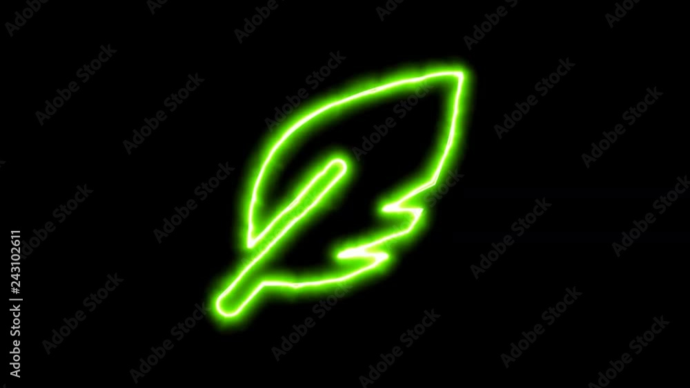The appearance of the green neon symbol sharp feather. Flicker, In - Out. Alpha channel Premultiplied - Matted with color black The appearance of the green neon symbol sharp feather. Flicker, In - Out. Alpha channel Premultiplied - Matted with color black