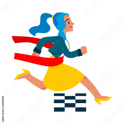 Vector running businesswoman crossing finish line. Female manager, woman in corporate outfit in a hurry, succeeding in competition. Time management and business people Isolated illustration