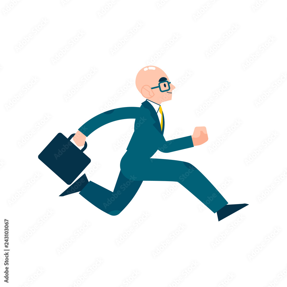 Vector running businessman in suit, glasses with suitcase. Male manager in corporate outfit in a hurry, dashing to an appointment or meeting. Time management and business people. Isolated illustration