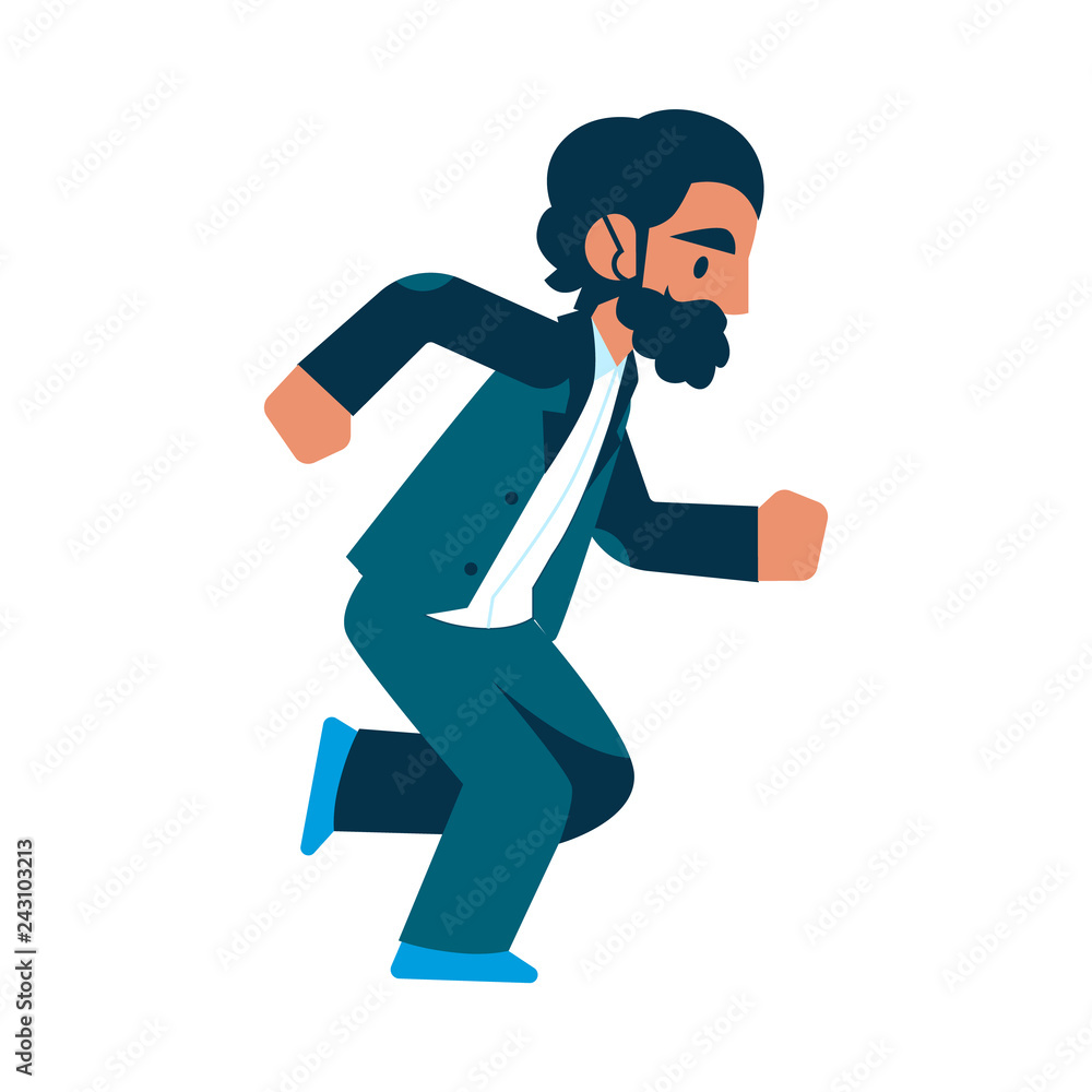 Vector running businessman in suit with beard. Male manager in corporate outfit in a hurry, dashing to an appointment or meeting. Time management and business people. Isolated illustration