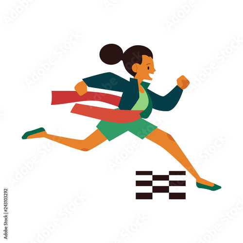Vector running woman crossing finish line. Female character in casual outfit in a hurry, succeeding in competition. Time management people Isolated illustration