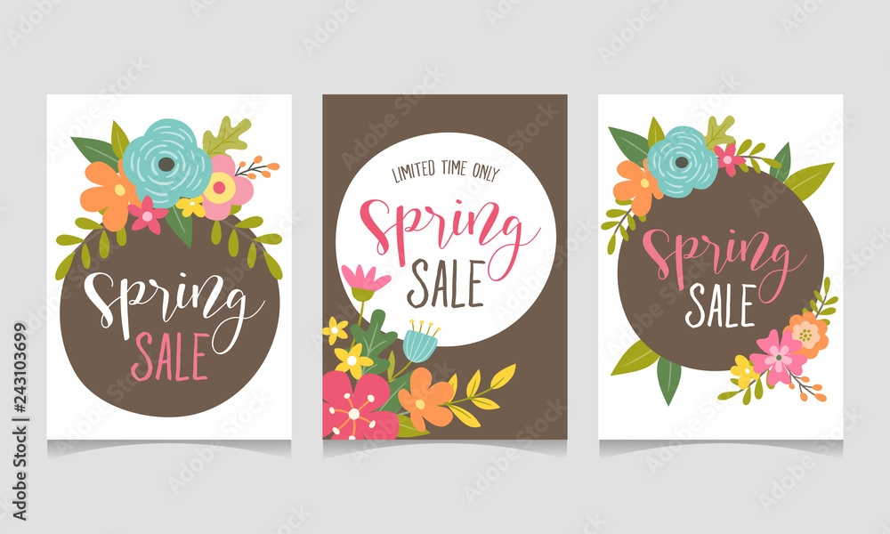 Spring sale web banner collection with beautiful colorful flowers. Perfect for your seasonal sale promotions. Vector illustration.
