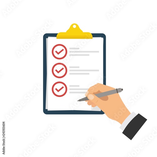 Person filling form checklist choice, survey or exam. Clipboard with checklist and checkmarks. Vector illustration.