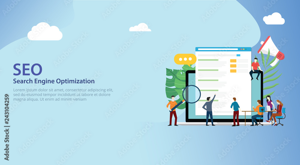 seo search engine optimization team working together on website design landing page ui - vector seo search engine optimization team working together on website design landing page ui - vector
