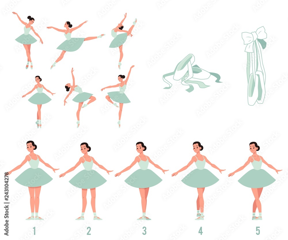 Vector elegant ballerina in green tutu dress, dancing on pointe shoes set. Female beautiful classic theater dancer character on isolated background. Ballet artist illustration Vector elegant ballerina in green tutu dress, dancing on pointe shoes set. Female beautiful classic theater dancer character on isolated background. Ballet artist illustration