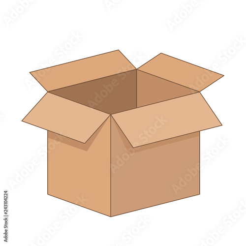 Open cartoon flat cardboard box on white background