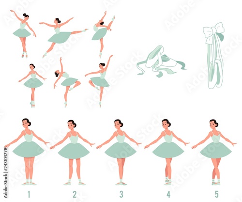 Vector elegant ballerina in green tutu dress, dancing on pointe shoes set. Female beautiful classic theater dancer character on isolated background. Ballet artist illustration