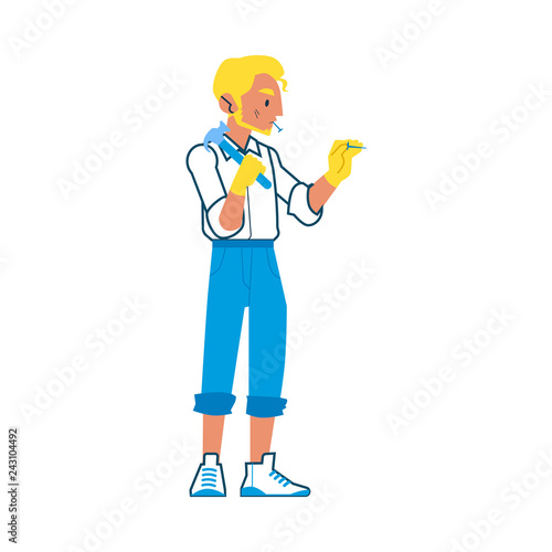 Vector repairman driving nails holding claw hummer. Handsome man in uniform doing mechanical service job. House renovation or repair industry professional. Isolated illustration