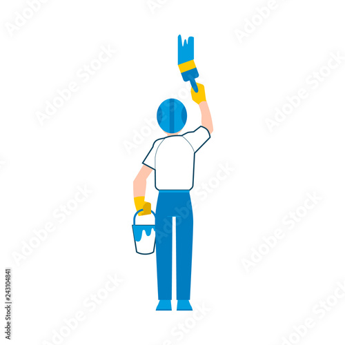 Vector painter paiting a wall in a house holding brush and bucket with paint. Male worker in uniform, repairman or technician doing job. Isolated illustration