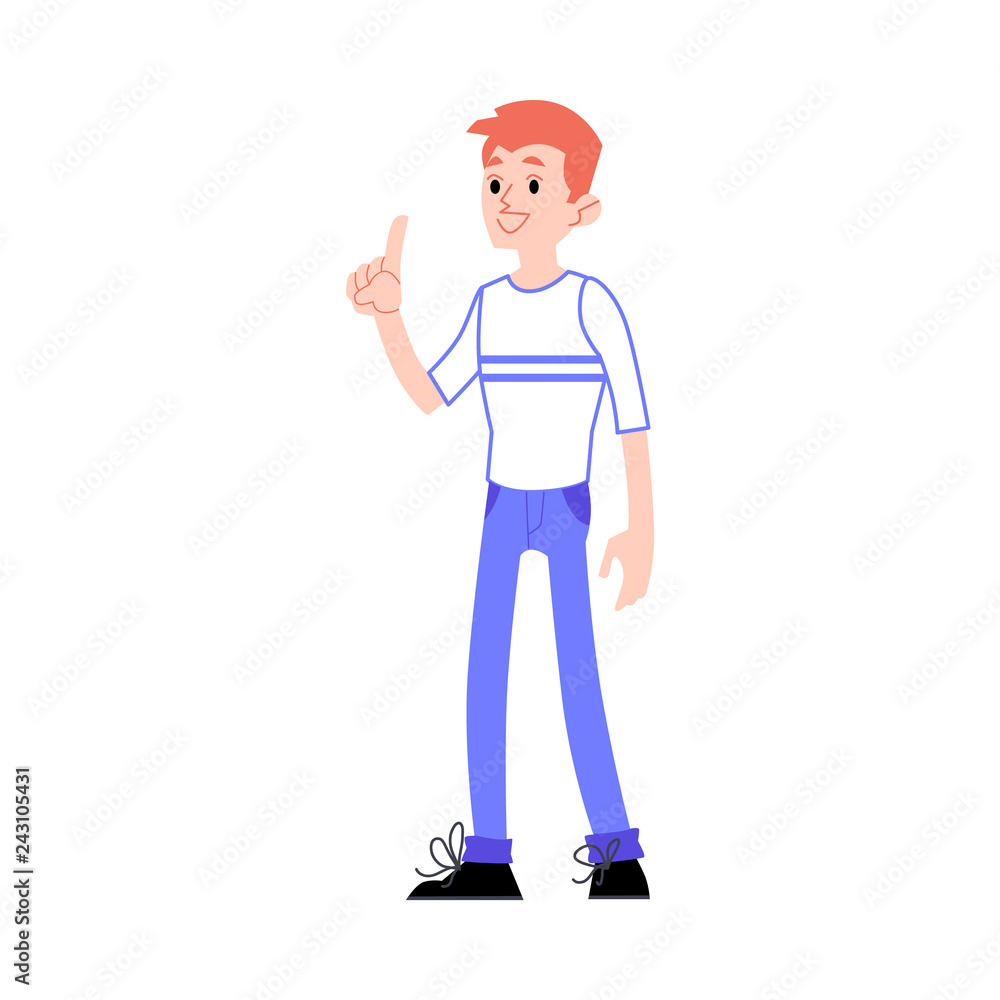 Vector smiling male character pointing out with index finger coming up with an exiting idea. Young man with eureca moment. Concept of creativity, brainstorming and imagination Vector smiling male character pointing out with index finger coming up with an exiting idea. Young man with eureca moment. Concept of creativity, brainstorming and imagination