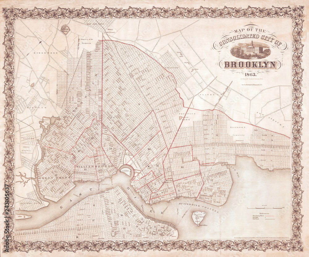 Obraz premium Mapa Brooklynu, Nowy Jork, 1863 McCloskey
