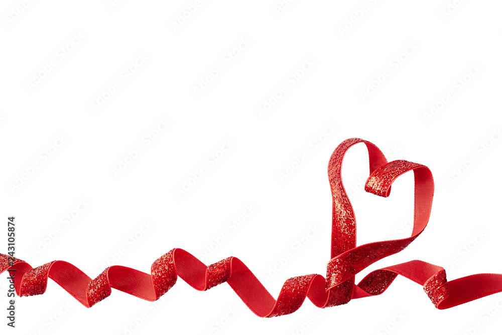 Red present ribbon in a shape of heart isolated over white background Red present ribbon in a shape of heart isolated over white background