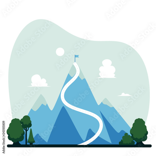 Vector mountain with flag on its top. Concept of success, achievement and long career path. Business leadership, challenge and setting objectives symbol.