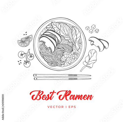Hand drawn vector vegetable noodles Ramen soup sketch, made of mushroom, tomato, lime and sesame. Vegetarian Asian food, simple line drawing menu decoration.