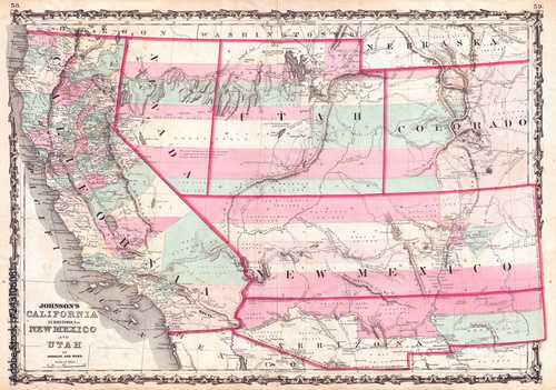Map of California, Nevada, Utah, Colorado, New Mexico and Arizona, Johnson 1862