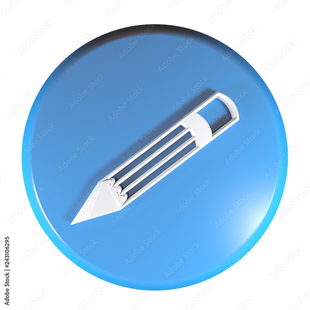 Blue circle push button with pencil icon - 3D rendering illustration Blue circle push button with pencil icon - 3D rendering illustration