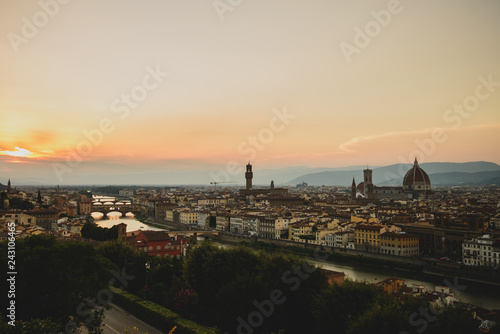 View of Florence City Skyline after sunset at night from Piazzale Michelangelo, Florence, Italy