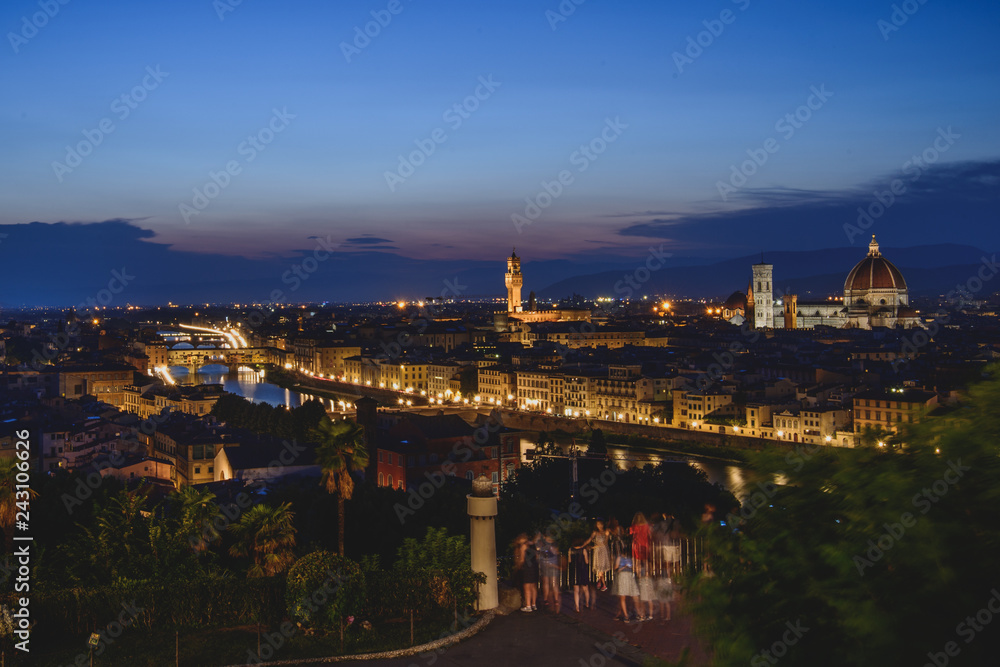 View of Florence City Skyline after sunset at night from Piazzale Michelangelo, Florence, Italy