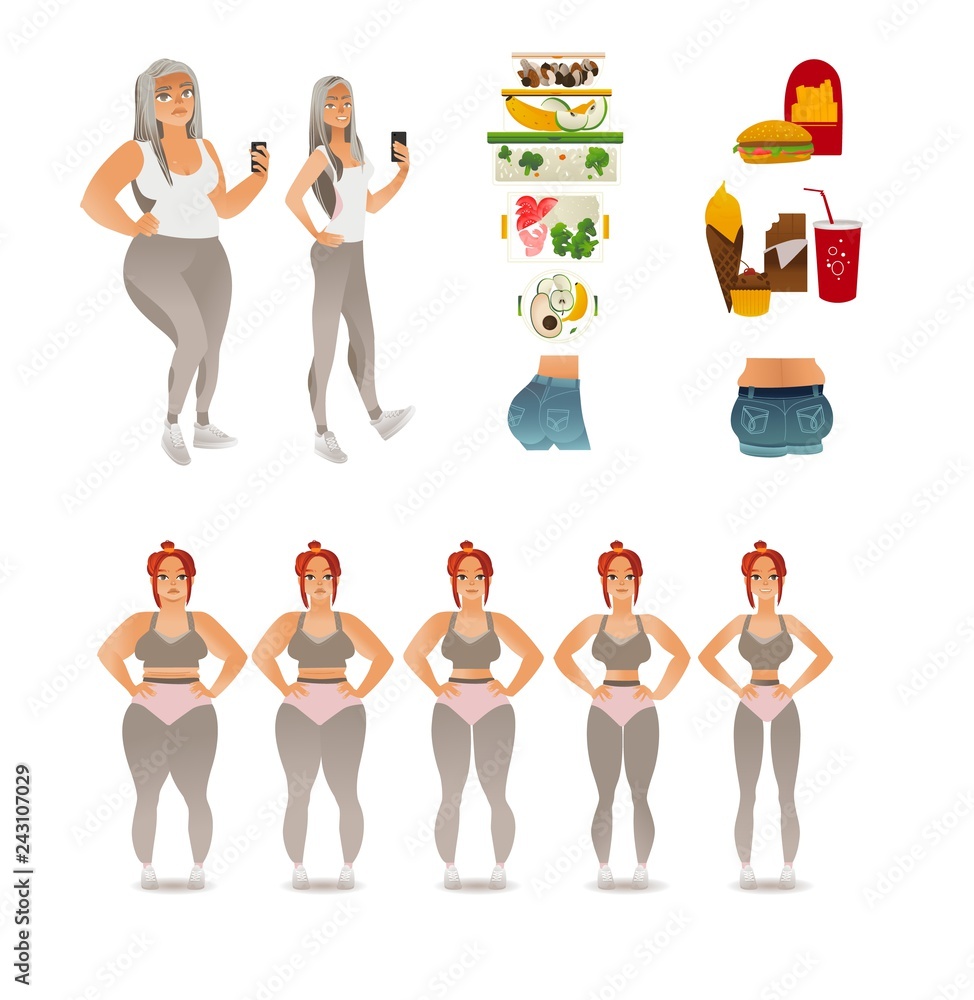 Vector losing weight concept. Stages from obese overweight to slim fit  athlete female character, sexy butt and fat ones, junk food and fresh  vegetables. Before and after dieting and doing sport Stock
