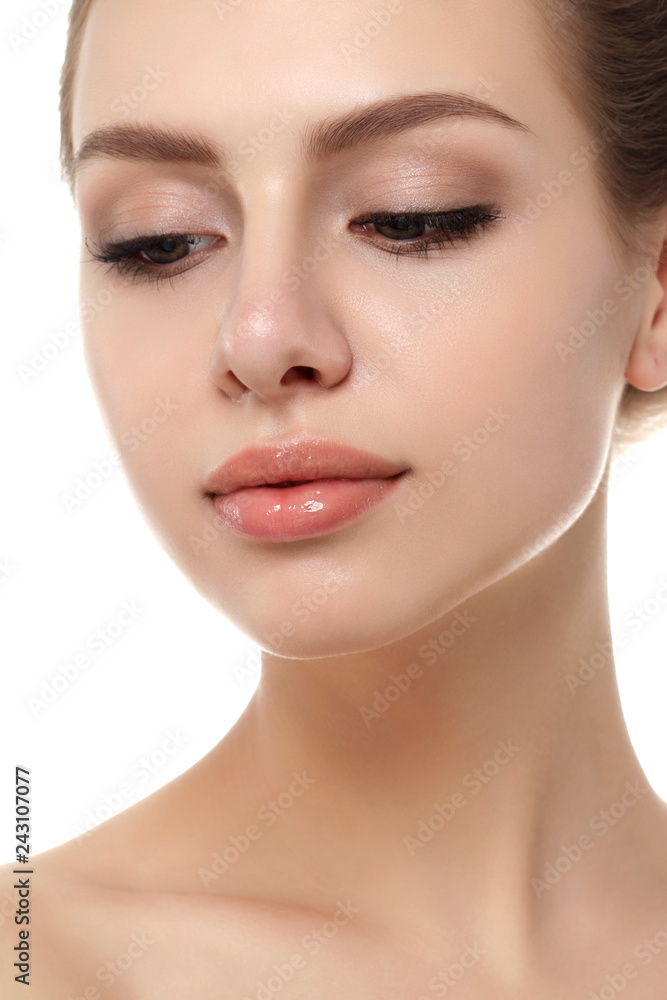 Close up view of young beautiful caucasian woman isolated over white background. Lips contouring, SPA therapy, skincare, cosmetology and plastic surgery concept Close up view of young beautiful caucasian woman isolated over white background. Lips contouring, SPA therapy, skincare, cosmetology and plastic surgery concept