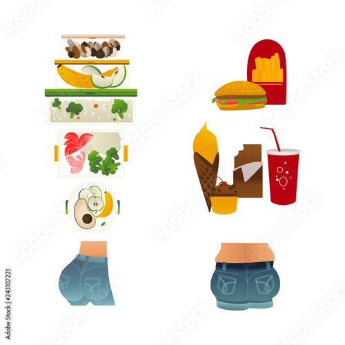Vector female slim buttocks on healthy eating with fresh fruits, vegetables diet and fat ass of obese woman eating junk food, hotdogs, fastfood. Overweight and obesity concept. Isolated illustration
