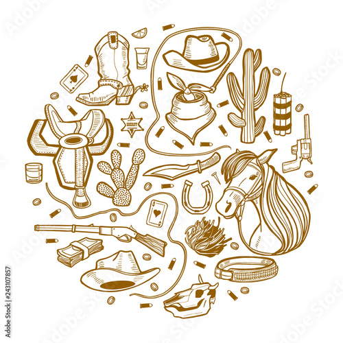 Round Composition with Wild West and Cowboy elements in Hand-Drawn Style