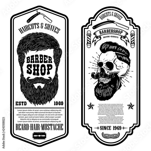 Barber shop flyer template. Barber's skull and tools on grunge background. Design element for emblem, sign, poster, card, banner.