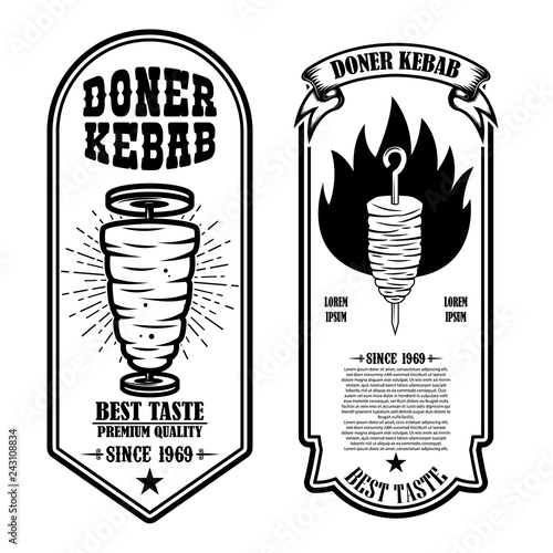 Set of vintage doner kebab flyer templates. Design element for logo, label, emblem, sign, badge.