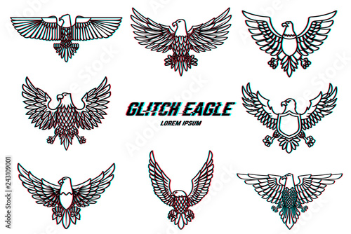 Set of eagle illustration in line style with glitch effect. Design element for logo, label, emblem, sign, poster.