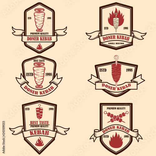 Set of vintage doner kebab labels. Design element for logo, label, emblem, sign, badge.