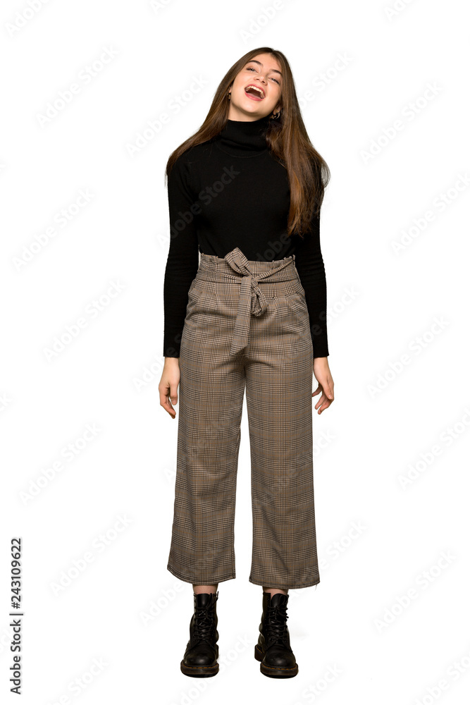 Full-length shot of Pretty girl shouting to the front with mouth wide open on isolated white background Full-length shot of Pretty girl shouting to the front with mouth wide open on isolated white background
