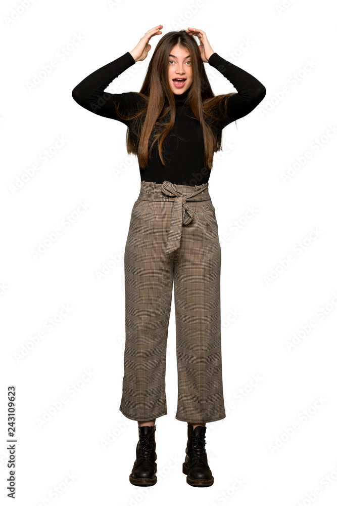 Full-length shot of Pretty girl with surprise and shocked facial expression on isolated white background Full-length shot of Pretty girl with surprise and shocked facial expression on isolated white background