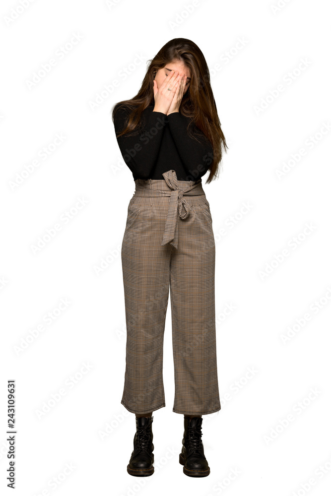 Full-length shot of Pretty girl with tired and sick expression on isolated white background Full-length shot of Pretty girl with tired and sick expression on isolated white background