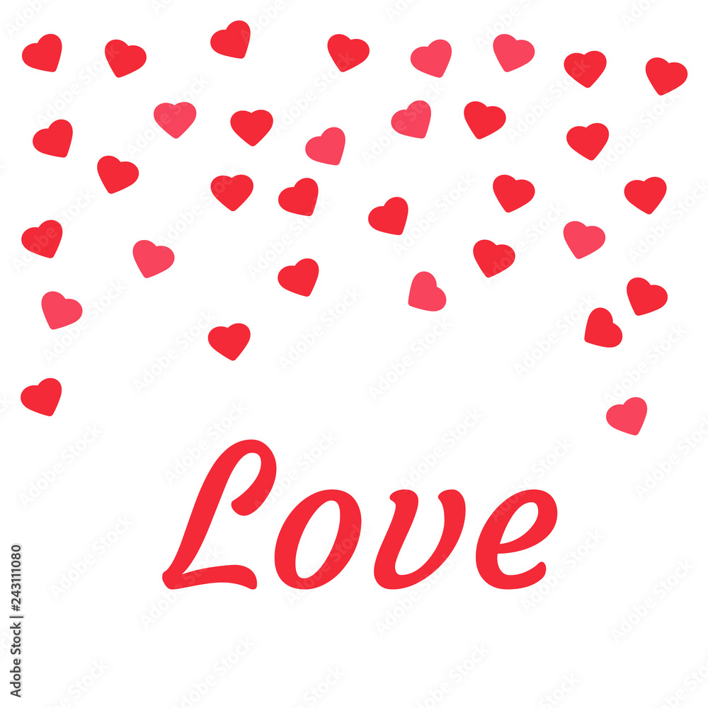 Text Love lettering for greeting card. Bright red hearts. Happy Valentines Day lettering greeting card