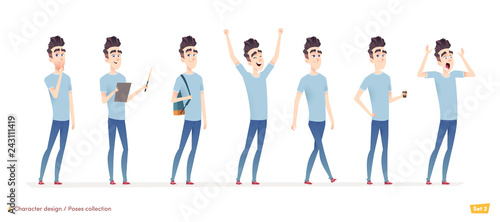 Young man character in different poses and situation. Modern flat cartoon style.