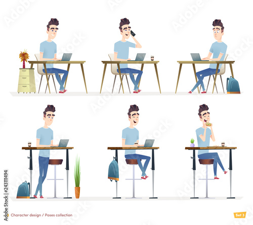 Young professional man working at his desk at home, in a cafe or office. Freelancer works.