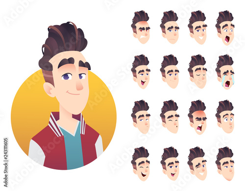 Young man emotions collection. Modern character exprassion  design.