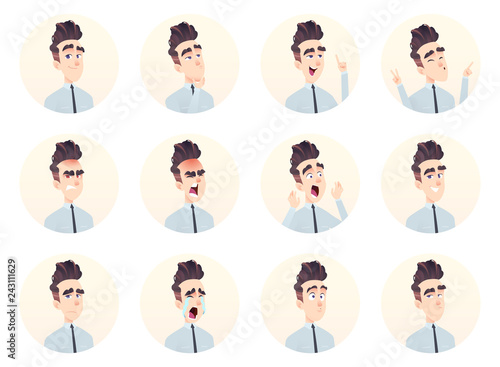 Young businessman avatar collection. Expression and emotion set.