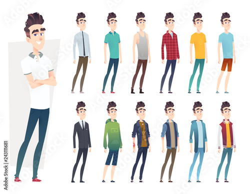 Young man clothes collection. Guy in different clothes styles.