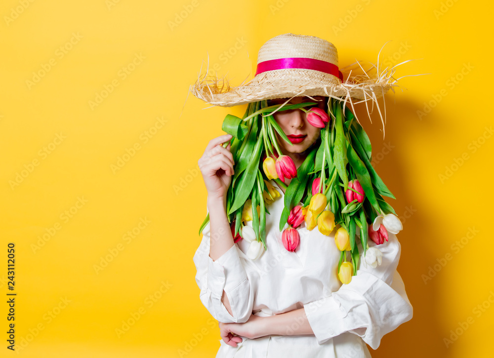 woman with fresh springtime tulips instead hair woman with fresh springtime tulips instead hair