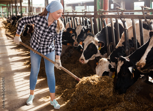 Woman working on dairy farm