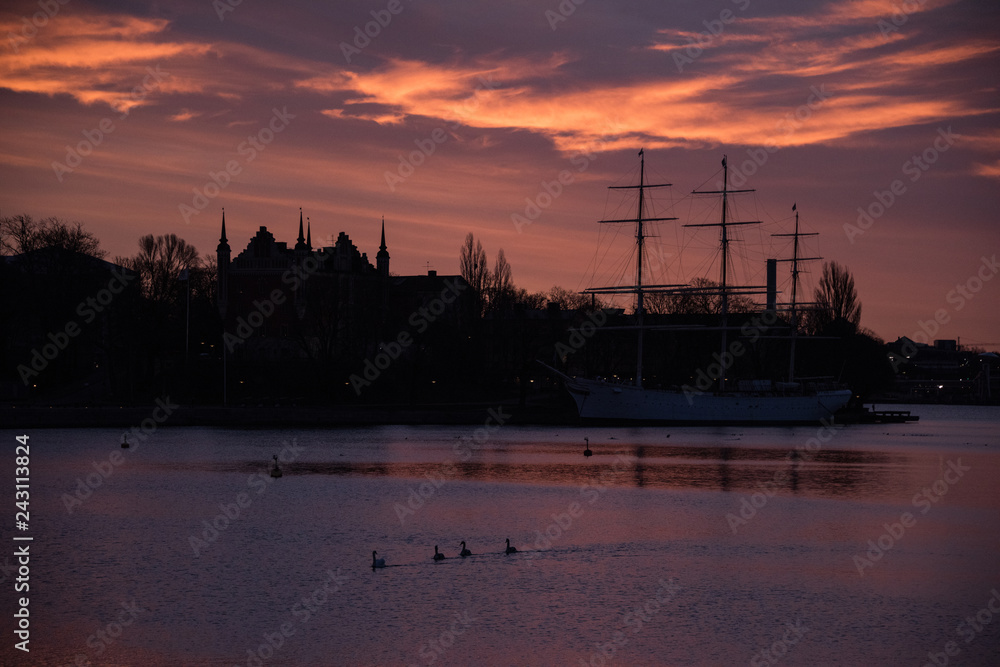Naklejka premium Color full morning winter view over the waterfront in Stockholm 