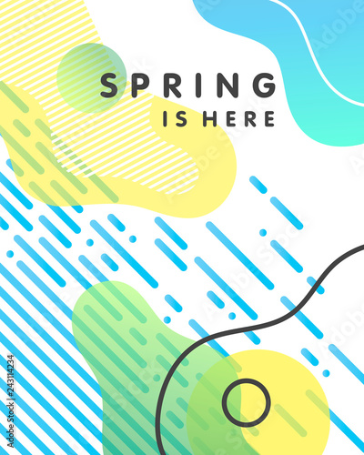 Unique artistic design card - spring is here with bright background, shapes and geometric elements in memphis style.Abstract design card perfect for prints,flyers,banners,invitations and more.