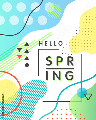 Unique artistic design card - hello spring with bright background, shapes and geometric elements in memphis style.Abstract design card perfect for prints,flyers,banners,invitations and more.