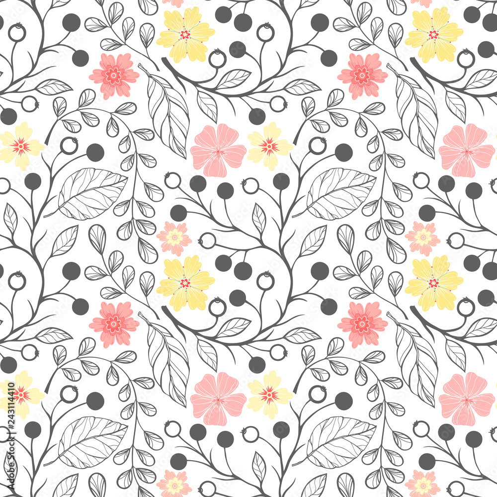 Seamless pattern.Spring pattern with leaves,berries and flowers.Hand drawn stylized elements. Decorative background for mothers day,greeting cards, prints,flyer,banners and more.Vector illustration. Seamless pattern.Spring pattern with leaves,berries and flowers.Hand drawn stylized elements. Decorative background for mothers day,greeting cards, prints,flyer,banners and more.Vector illustration.